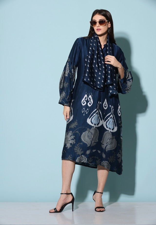 Global Indian ikkat printed modal midi dress with co ordinating scarf