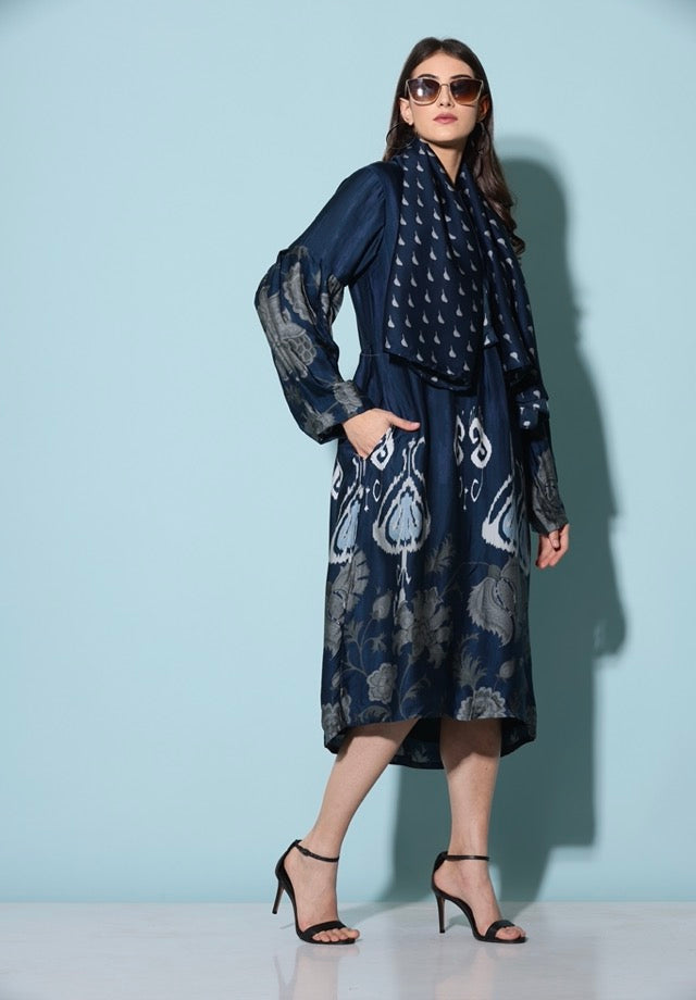 Global Indian ikkat printed modal midi dress with co ordinating scarf